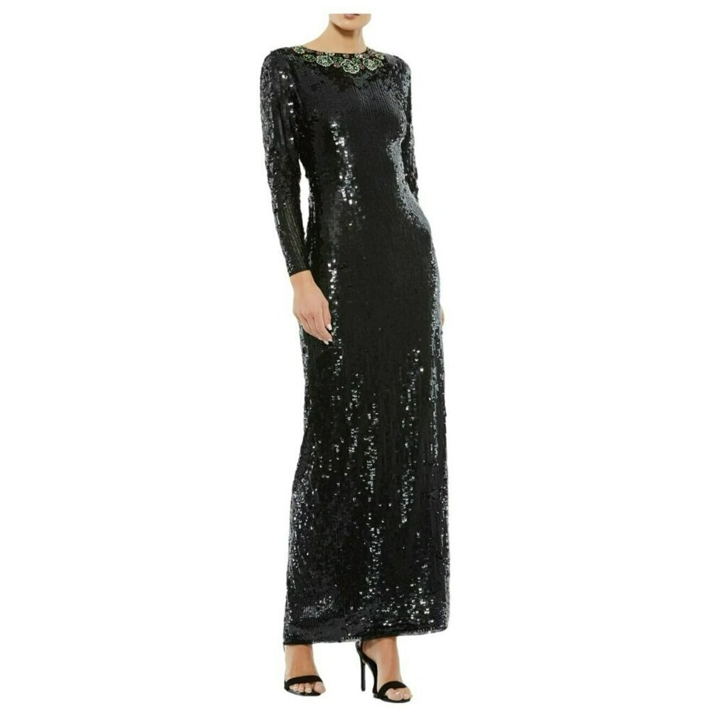 Mac Duggal Sz 10 Dress Emerald Rhinestone Necklace Black Sequin Maxi Gown NWT